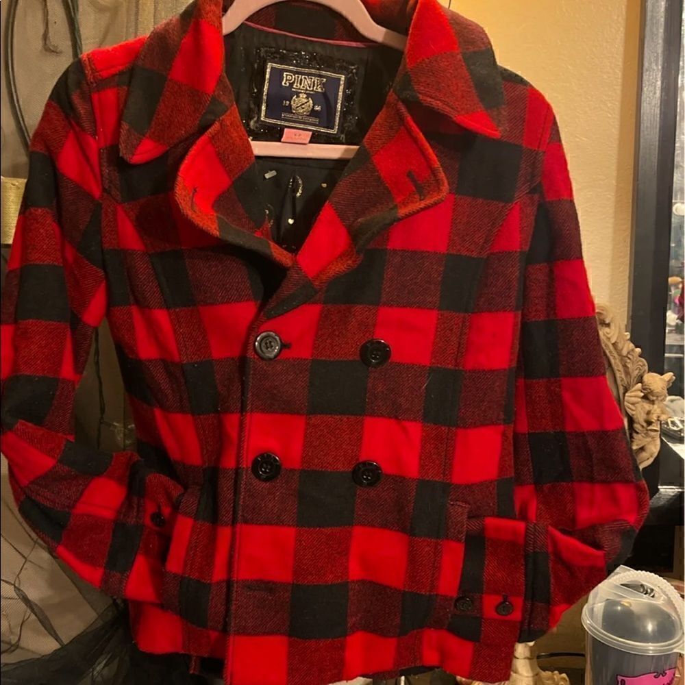 Vintage VS Pink red black plaid pea coat:jacket buffalo plaid - wool/ Midweight